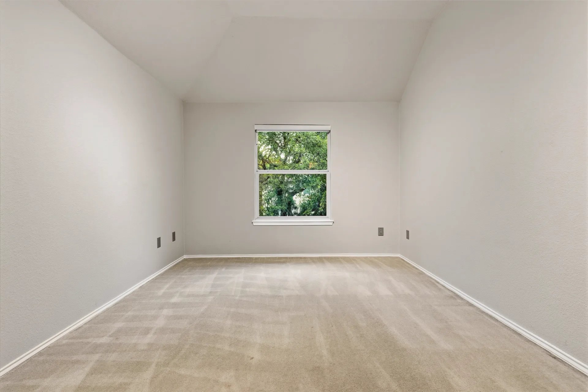 Secondary bedroom with vaulted ceiling and tree-lined window