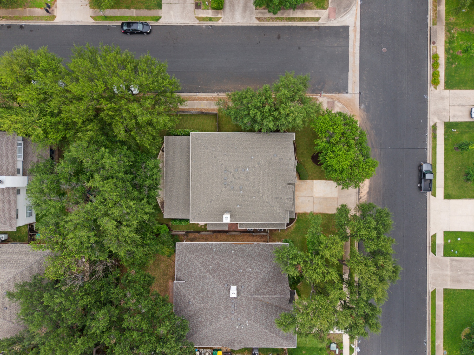 Top-down aerial of the property and mature oaks