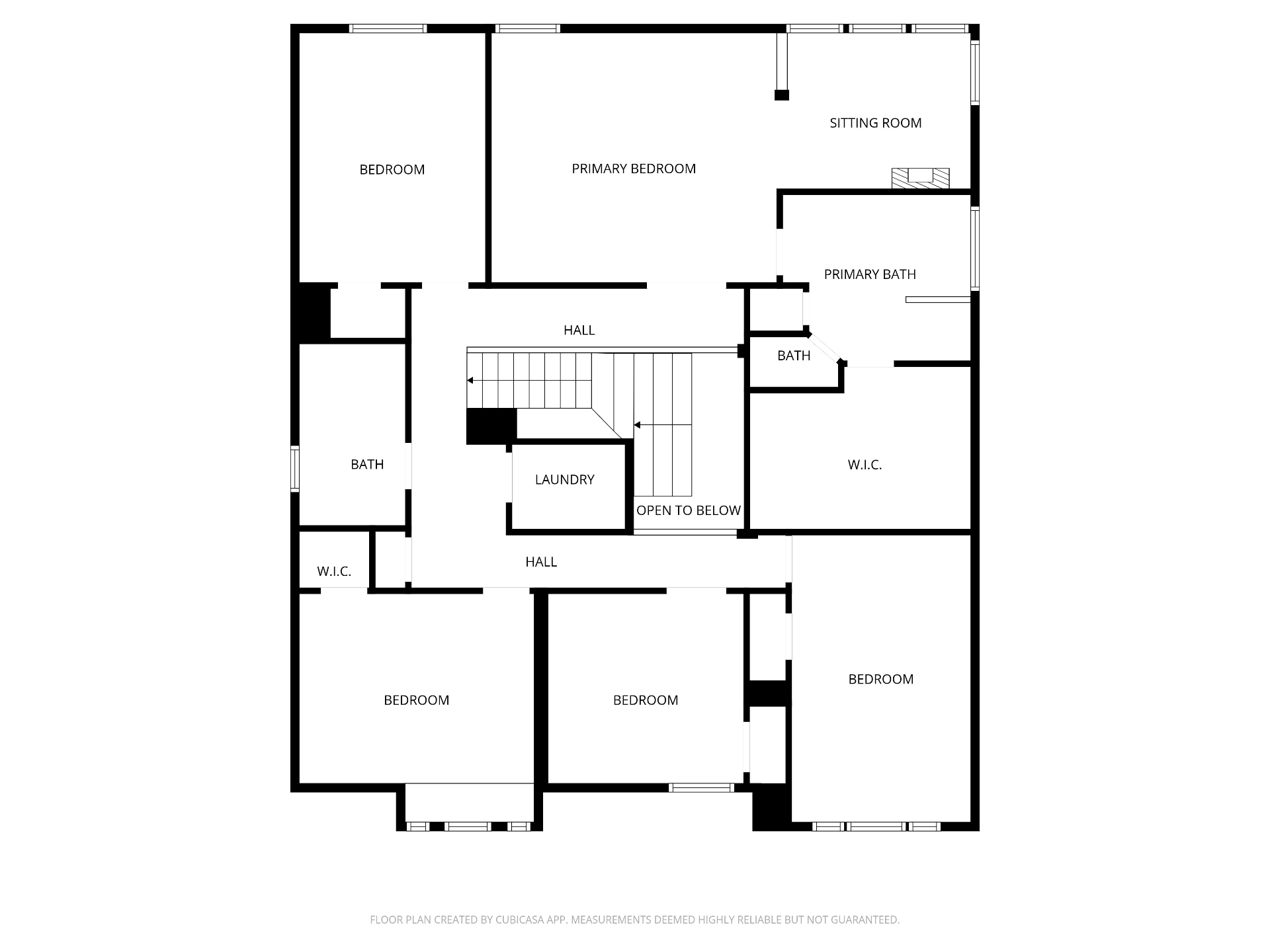 Second floor plan: primary suite with sitting room, three additional bedrooms, laundry, baths